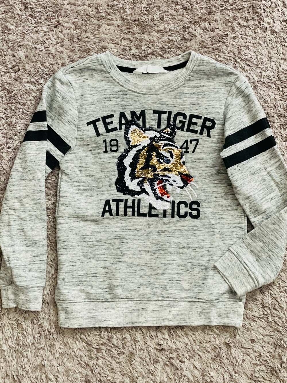 H&M Kids Gray ‘Team Tiger Athletics’ Flip Sequin Pullover Sweatshirt